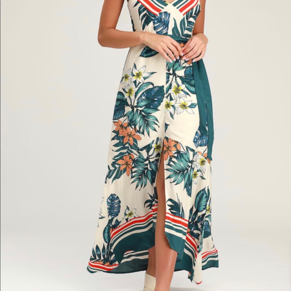 Lulus Getaway Beige Floral Print Maxi Dress